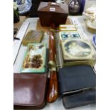 A SMALL TEA CADDY , VINTAGE TINS, A CARVING SET ETC