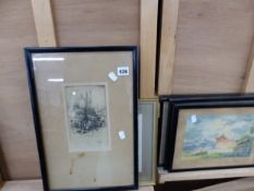 A SMALL GROUP OF EARLY 20th CENTURY ETCHINGS, DECORATIVE PRINTS AND EASTERN LANDSCAPE WATERCOLOURS