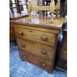 A SMALL VICTORIAN MAHOGANY CHEST OF THREE DRAWERS ON BUN FEET. H 89 W 77 D 56cms