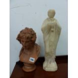 AN ANTIQUE POTTERY BUST, STAMPED ABM. BAYLY, 3 BEDFORD PLACE, BRIGHTON, TOGETHER WITH A MARBLE