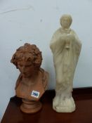 AN ANTIQUE POTTERY BUST, STAMPED ABM. BAYLY, 3 BEDFORD PLACE, BRIGHTON, TOGETHER WITH A MARBLE