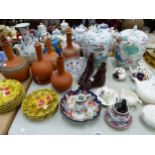 A PAIR OF LARGE CHINESE LIDDED VASES, A JAPANESE RING HANDLED VASE, FRENCH MAJOLLICA PLATES, RED