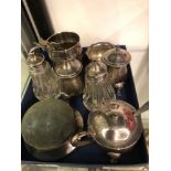 HALLMARKED SILVER ITEMS TO INCLUDE, VARIOUS CRUETS, A LIDDED PIN CUSHION, VARIOUS TEA SPOONS ETC.