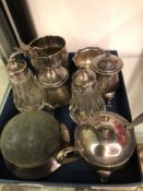 HALLMARKED SILVER ITEMS TO INCLUDE, VARIOUS CRUETS, A LIDDED PIN CUSHION, VARIOUS TEA SPOONS ETC.