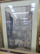 19th CENTURY CONTINENTAL STREET SCENE, WATERCOLOUR, SIGNED INDISTINCTLY. 48 x 28cms TOGETHER WITH