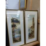 20th CENTURY CONTINENTAL SCHOOL A PAIR OF PENCIL SIGNED COLOUR ETCHINGS OF COASTAL VIEWS. 53 x 18cms