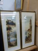 20th CENTURY CONTINENTAL SCHOOL A PAIR OF PENCIL SIGNED COLOUR ETCHINGS OF COASTAL VIEWS. 53 x 18cms