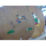 TWO WOODEN TABLE TOP COVERS PAINTED WITH MICKEY MOUSE AND PLUTO DISNEY FIGURES.