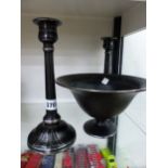 AN ART DECO STYLE CENTRE PIECE BOWL AND A PAIR OF CANDLESTICKS.