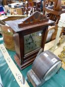 TWO VINTAGE MANTLE CLOCKS AND A COPPER LOG BIN.