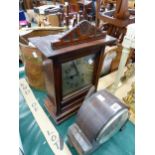 TWO VINTAGE MANTLE CLOCKS AND A COPPER LOG BIN.