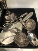 VARIOUS HALLMARKED SILVER TO INCLUDE A SILVER WEIGHTED CANDLESTICK, A DRESSING TABLE MIRROR, CUTLERY