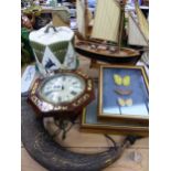 A 19th CENTURY ROSEWOOD BRASS WALL CLOCK, A CARVED HORN AESTHETIC MOVEMENT CHEESE BELL ETC.