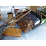 THREE ANTIQUE WARMING PANS, A LARGE BRASS JUG, A GLADSTONE BAG, BRASS TRIVET, CUTLERY ETC