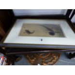 TWO COPPER PLATTERS, AND AN ORIENTAL PAINTING OF FISH.