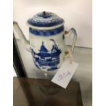 A BLUE AND WHITE COFFEE POT AND COVER