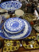 A BLUE AND WHITE WASH BOWL, OTHER BLUE AND WHITE, HORSE BRASSES, A BOOK SLIDE, A MAGNIFYING GLASS,