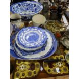 A BLUE AND WHITE WASH BOWL, OTHER BLUE AND WHITE, HORSE BRASSES, A BOOK SLIDE, A MAGNIFYING GLASS,