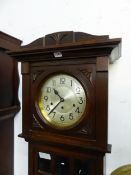 AN EARLY 20th CENTURY OAK LONG CASED GRANDFATHER CLOCK WITH EIGHT DAY CHIMING MOVEMENT. H 183 W 48 D