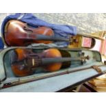 TWO ANTIQUE VIOLINS, ONE IN WOODEN CASE