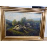 LATE 19th CENTURY ENGLISH SCHOOL SHEEP IN A LANDSCAPE, OIL ON CANVAS. 50 x 70cms
