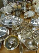 ELECTROPLATE VEGETABLE TUREENS, MUFFIN DISHES, CRUETS, BOWLS, A CUT GLASS DECANTER, ETC.