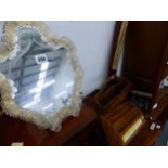 A SMALL VENITIAN MIRROR, A VERY LARGE DECORATIVE FAN, STATIONARY RACKS ETC.