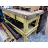 A SYCAMORE TOPPED PINE BASE KITCHEN PREP TABLE. H 82 W 143 D 62cms