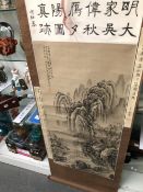 TWO CHINESE SCROLLS DEPICTING MOUNTAINOUS LANDSCAPES AND CHERRY BLOSSOM