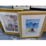 A VINTAGE COLOUR PRINT OF A VICTORIAN LADY TOGETHER WITH THREE OTHER DECORATIVE LATER PICTURES