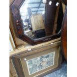 VARIOUS ANTIQUE AND LATER FASHION PRINTS TOGETHER WITH AN OCTAGONAL BEVELLED EDGE OAK MIRROR