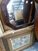 VARIOUS ANTIQUE AND LATER FASHION PRINTS TOGETHER WITH AN OCTAGONAL BEVELLED EDGE OAK MIRROR