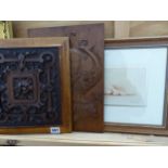 TWO CARVED ANTIQUE PANELS TOGETHER WITH AN ETCHING OF A RECLINING NUDE SIGNED INDISTINCTLY (3)