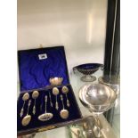 A CASED SET OF HALLMARKED SILVER APOSTLE SERVING CUTLERY, A SILVER BOX, SMALL BOWL, WIRED BASKET AND
