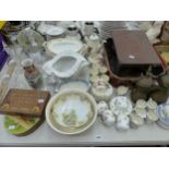 A LARGE VICTORIAN COPPER PAN, AN ART DECO CLOCK, VARIOUS CHINA WARES ETC.