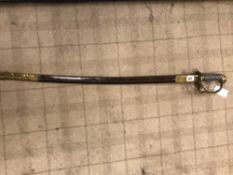 A RARE WILLIAM IV OFFICERS SWORD IN BRASS MOUNTED LEATHER SCABBARD.