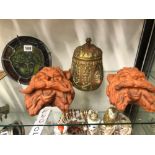 A LEADED GLASS ROUNDEL, A PAIR OF TERRACOTTA MASKS TOGETHER WITH A BRASS TOBACCO BOX