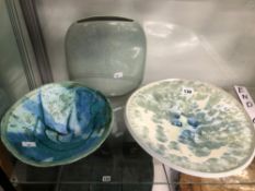 A STEPHEN ATKINSON JONES STUDIO POTTERY DISH, ANOTHER BY MADDY HAWKES TOGETHER WITH A CRACKLED