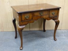 A GEORGIAN AND LATER CROSS BANDED AND FEATHER LINE INLAID WALNUT LOWBOY WITH THREE DRAWERS ABOVE THE