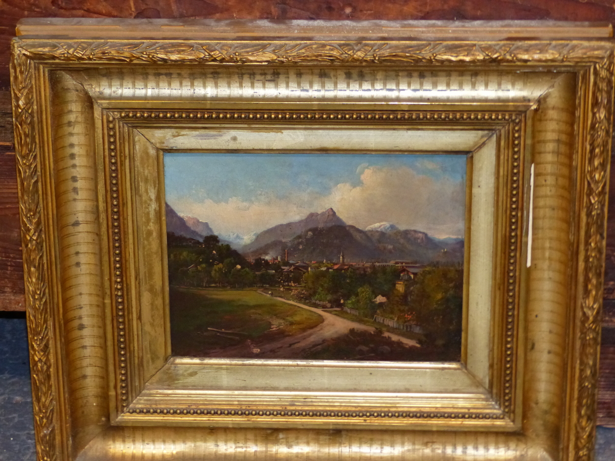 19th C. EUROPEAN SCHOOL, AN ALPINE TOWN VIEW, INDISTINCTLY SIGNED, OIL ON CANVAS, 19.5 x 25.5cms. - Image 5 of 6