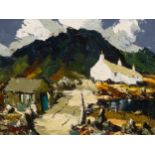 CHARLES WYATT WARREN (1908-93), ARR., COTTAGES IN SNOWDONIA, OIL ON BOARD, SIGNED LOWER LEFT AND