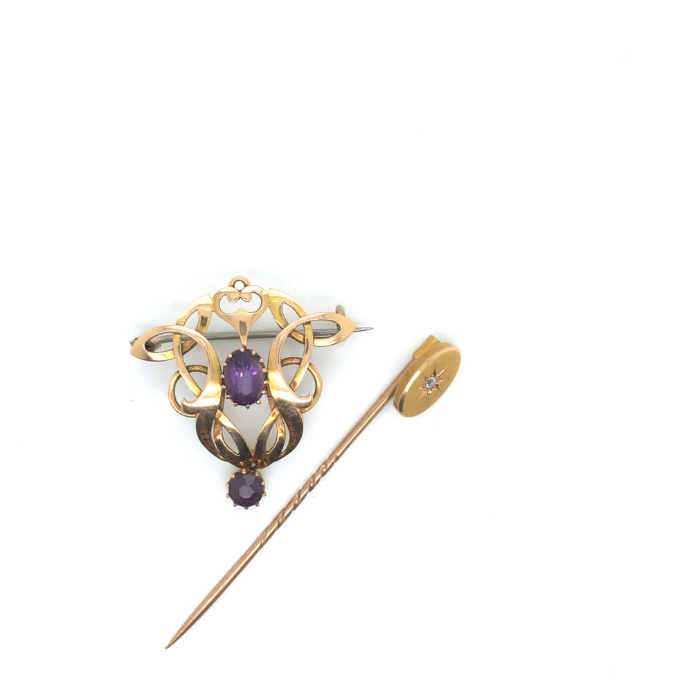 AN ART NOUVEAU STYLE GEM SET BROOCH AND A DIAMOND SET STICK PIN. BOTH STAMPED 15ct AND ASSESSED AS - Image 2 of 3