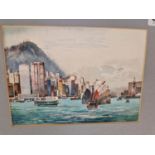 K LEUNG (CONTEMPORARY), A JUNK SAILING IN HONG KONG HARBOUR, WATERCOLOUR, SIGNED LOWER LEFT. 12.5