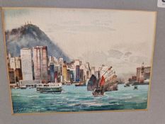K LEUNG (CONTEMPORARY), A JUNK SAILING IN HONG KONG HARBOUR, WATERCOLOUR, SIGNED LOWER LEFT. 12.5