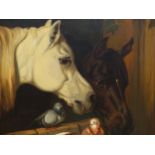 STYLE OF JOHN FREDERICK HERRING, TWO HORSES AT THEIR STABLE DOOR WATCHING DOVES DRINK, OIL ON