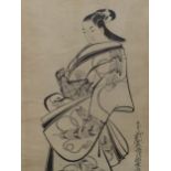 A JAPANESE BLACK AND WHITE WOOD BLOCK PRINT OF AN 18th C. LADY. 62 x 32cms.