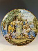 A 19th C. ITALIAN MAIOLICA DISH, PAPER LABELLED CASTELLI, PAINTED WITH THE DISCOVERY OF MOSES IN THE