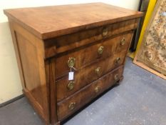 A 19th C. FRUITWOOD CHEST OF FOUR LONG DRAWERS EACH WITH GILT FOLIATE RING HANDLES. W 111.5 x D 58 x