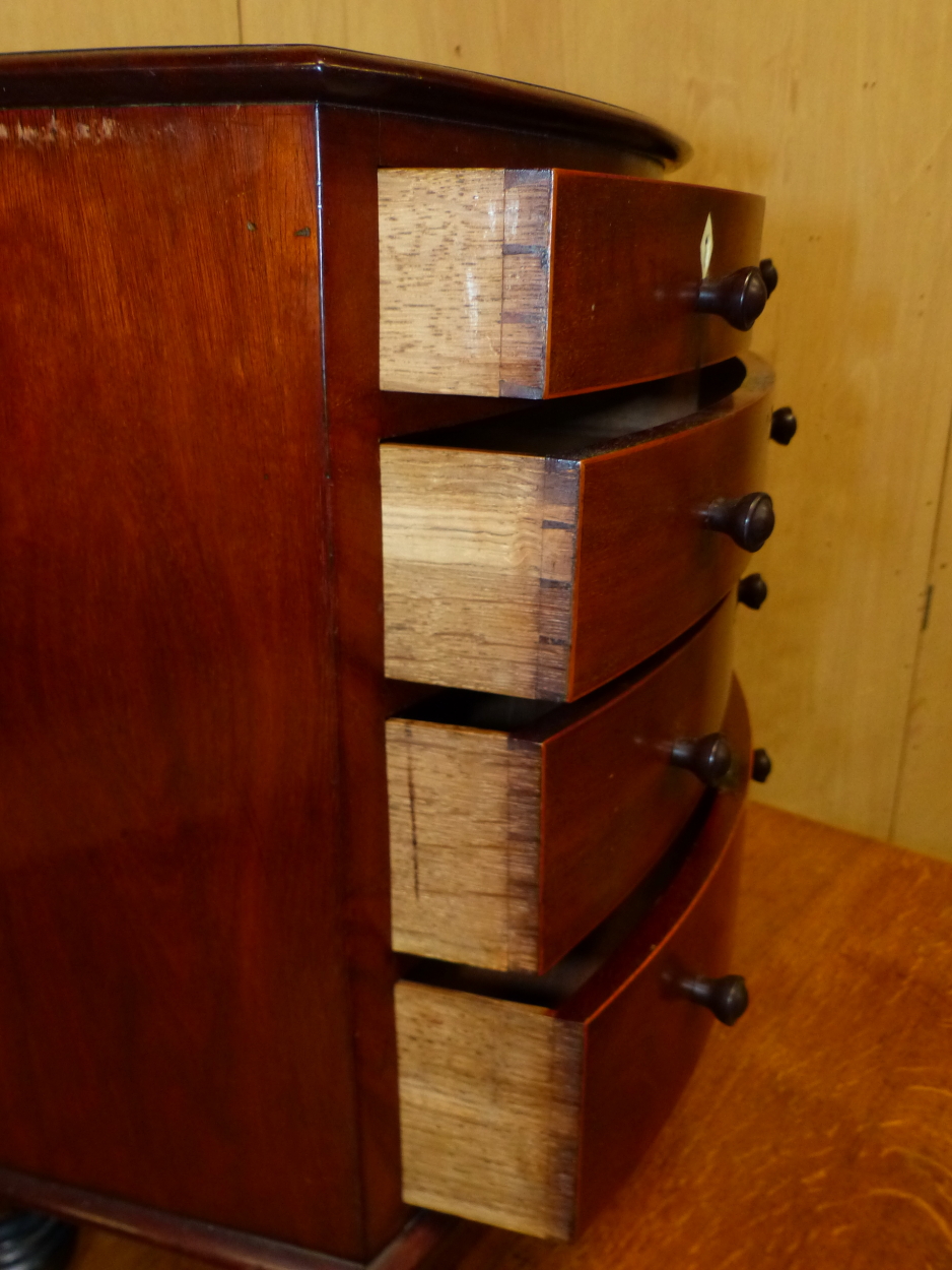 A 19th C. MAHOGANY MINIATURE BOW FRONT CHEST OF TWO SHORT AND THREE GRADED LONG DRAWERS, EACH WITH - Image 6 of 6