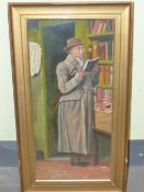 20th C. SCHOOL, MAN READING AT A BOOK SHOP DOOR, OIL ON BOARD. 62 x 28cms.